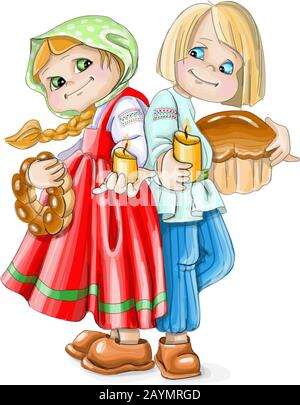 vector illustration Heppy Easter boy with girl hold candles and easter Stock Vector