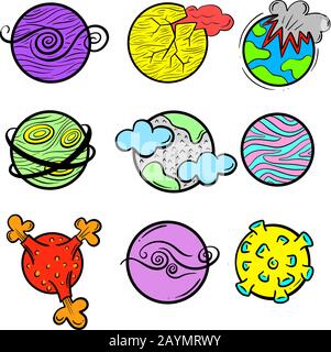 A Collection Icon Set of Imaginary Science Fiction Cartoon Planets and Worlds Illustration Line Art Vector Stock Vector
