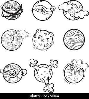 A Collection Icon Set of Imaginary Science Fiction Cartoon Planets and Worlds Illustration Line Art Vector Stock Vector