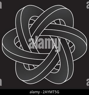 Impossible three circles icon. White vector optical illusion shape on black background. Stock Vector