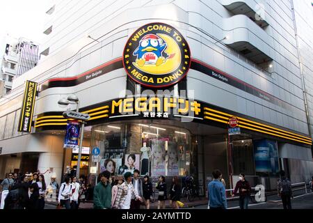 Tokyo, Japan - May 2, 2019 : Unidentified people walk in front of Mega Don Quitjote Shibuya Honten. Stock Photo