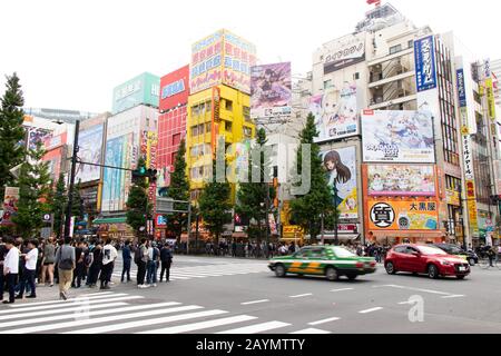 TOKYO, JAPAN - May 3, 2019 : Unidentified people wait for crossing at Akihabara district in tokyo that is called as Electric Town and located of anime Stock Photo