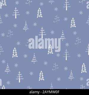 Christmas tree and snowflake vector seamless, repeat pattern. White trees and snowflakes on blue background. Doodle trees, hand drawn illustration for Stock Vector