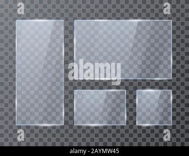 Set of empty glass geometric rectangle banners. Glossy frame template with reflection. Vector illustration isolated on transparent background Stock Vector