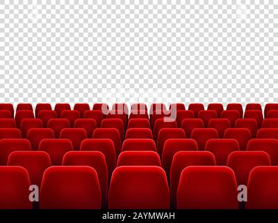 Seats at empty movie hall or seat chair for film screening room. Isolated red armchairs for cinema, theater or opera vector background Stock Vector