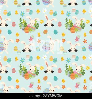 Seamless easter pattern with bunny, eggs, flowers Stock Vector