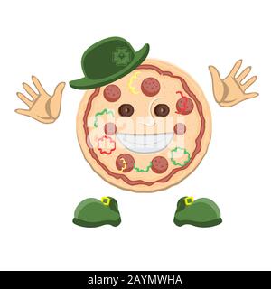 Pizza character face in a green top hat with clover hands and shoes on a white isolated background. Vector image Stock Vector