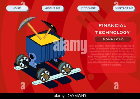 Financial technology site template. Application and software development header poster design. Vector illustration of a mining cart on rails as a symb Stock Vector