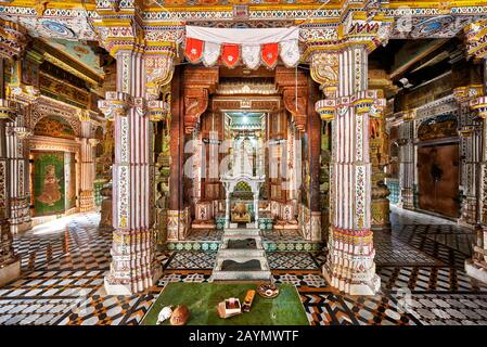 stone carved columns, Interior Shot of Bhandasar Jain Temple, Bikaner, Rajasthan, India Stock Photo