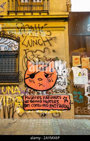 Graffiti and posters from the political unrest and protests in Lastarria, Central Santiago, Metropolitan Region, capital city of Chile, South America Stock Photo