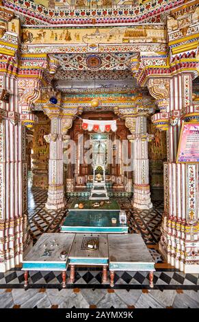 stone carved columns, Interior Shot of Bhandasar Jain Temple, Bikaner, Rajasthan, India Stock Photo