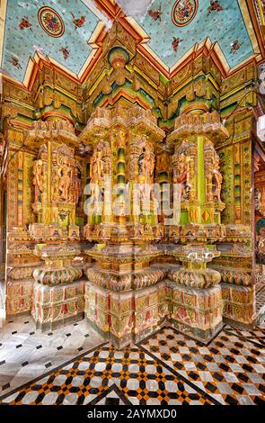 stone carved columns, Interior Shot of Bhandasar Jain Temple, Bikaner, Rajasthan, India Stock Photo