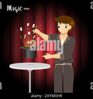 Magician making trick with a wand and playing cards performance on a stage Stock Vector