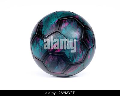 Black football or soccer ball with abstract purple and blue design and textured surface isolated on white with small drop shadow and copy space Stock Photo