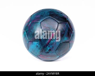 Black football or soccer ball with dark design blue and purple abstract print, isolated on white background with shadow Stock Photo