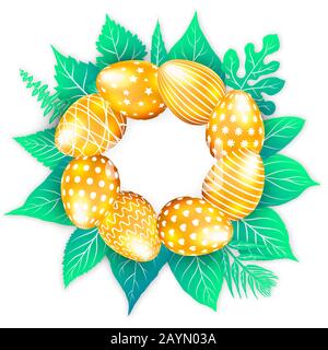Easter greeting card with golden eggs, green leaves and copy space. Vector illustration Stock Vector