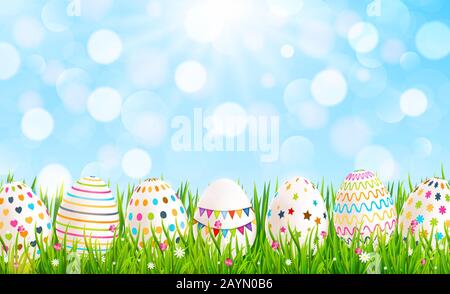 Easter background with colorful easter eggs on green grass. Vector illustration Stock Vector
