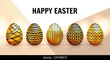 Happy Easter greeting card with golden eggs. Vector illustration Stock Vector