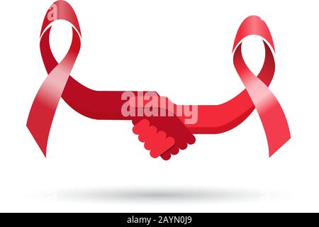 Helping and assisting aids sufferers. Handshake of two red ribbons, vector illustration Stock Vector