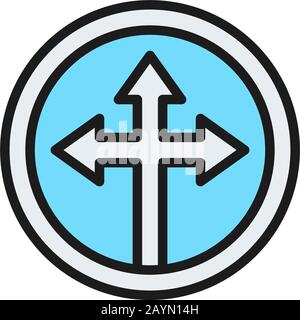 Arrow cross, three-way flat color line icon. Stock Vector