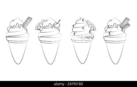 Contour vector illustration ice cream cones. Colloring book. Set Stock Vector