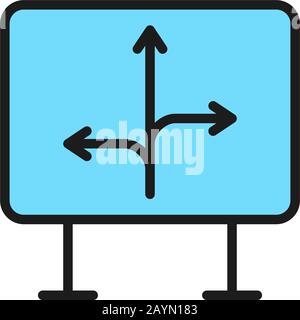Road sign with different directions, arrows flat color line icon. Stock Vector