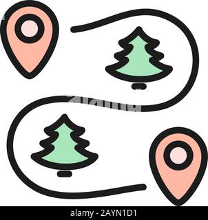 Road map scheme with location marks flat color line icon. Stock Vector