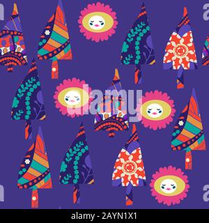 Trees in fantasy style seamless pattern. It is located in swatch menu, vector image Stock Vector