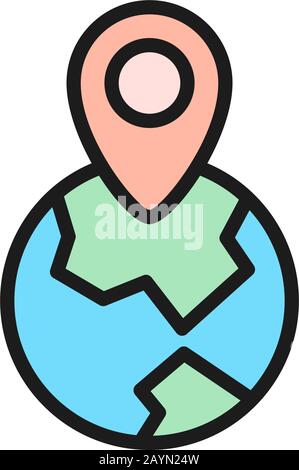 Globe with destination mark, location pin on earth flat color line icon. Stock Vector
