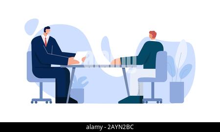 Two interviewing male job searching talking at office vector flat illustration