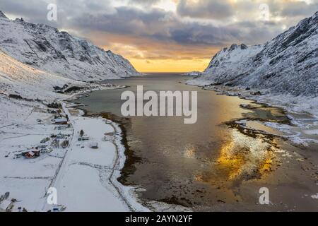 Aerial view of Skjelfjorden, Flakstad, Flakstadoya, Nordland, Lofoten, Norway, Northern Europe Stock Photo