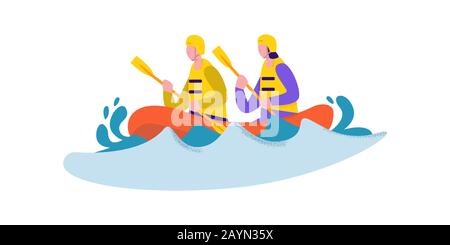 Active couple in safety suit and helmet enjoying rafting vector flat illustration Stock Vector
