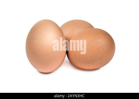 Close up group of three eggs isolated on white background with clipping path. Brown eggs cut out. Stock Photo