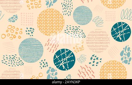 Abstract artistic seamless repeat pattern with hand drawn textures. Modern design with geometric elements and doodles. Vector design. Stock Vector