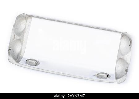 Blank egg cardboard box package box top view isolated on white. Clipping path for easy cut out. Eggs pack mockup. Stock Photo