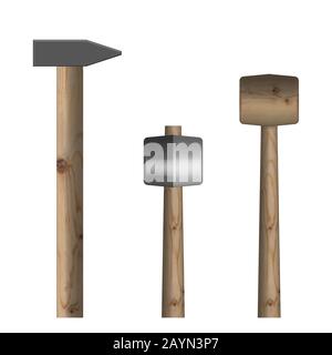 Set of different hammers isolated on white background. Elements design of the working tool. Top view, vector illustration. Stock Vector