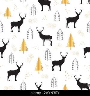Black deers, christmas trees and golden dots on white background. Seamless repeat christmas pattern for print, textile design or paper projects. Stock Vector