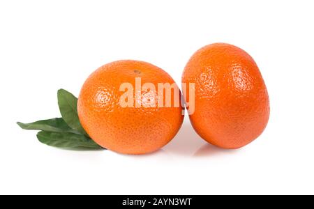 Tangerine or clementine at green leaves isolated on white background isolated with clipping path Stock Photo