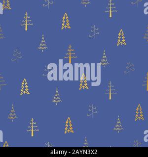 Gold christmas trees on blue background. Vector seamless, repeat pattern. Holiday xmas pattern. Good for background, wrapping and print. Stock Vector
