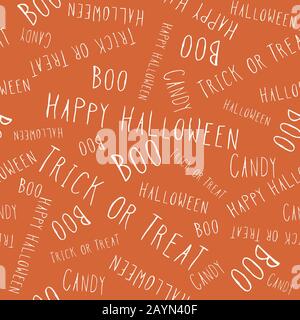 Halloween hand lettering. Handwritten seamless repeat pattern white on orange background. Background. Vector. Stock Vector