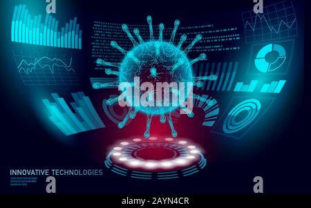 Virus cell low poly structure. Disease infection medicine healthcare concept. Coronavirus HUD analysis. Infection pneumonia research. Innovative Stock Vector