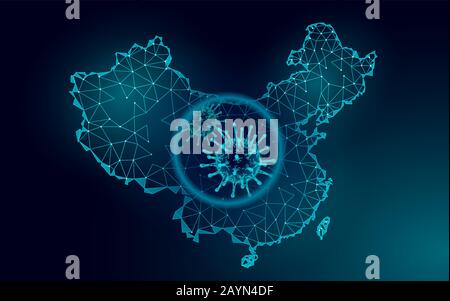 China Republic country 3D map. Infection coronavirus pneumonia danger. International design PRC blue dark glowing silhouette. Against virus epidemic Stock Vector