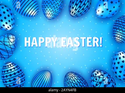 Happy Easter greeting card with blue decorated eggs. Vector illustration Stock Vector