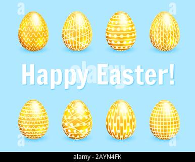 Golden easter eggs set on blue background. Vector illustration Stock Vector