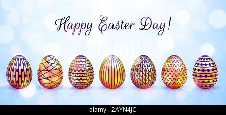 Happy Easter greeting card with golden eggs and bokeh. Vector illustration Stock Vector