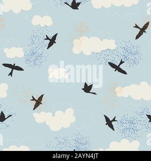 Black birds silhouette and white clouds with blue sky. Seamless repeat pattern for wallpaper, background and textile design. Vector illustration. Stock Vector