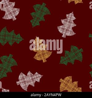 Golden, green and white texture christmas trees on red background. Winter holiday seamless, repeat pattern. Perfect for wrapping, wallpaper. Stock Vector