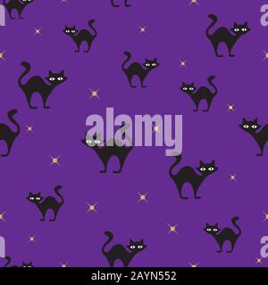 Black cats and star halloween purple vector repeat seamless pattern. October holiday. Vector. Stock Vector