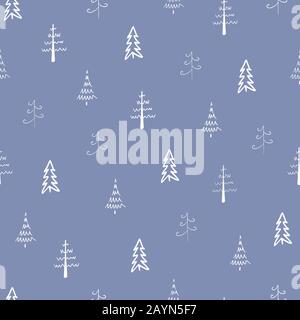 Christmas tree vector seamless, repeat pattern. White trees on blue background. Doodle trees, hand drawn illustration for background, print or textile Stock Vector