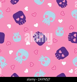 Seamless halloween pattern. Human skeletons. Different skulls. Sugar skulls. Death´s heads and hearts on pink background. Vector. Stock Vector